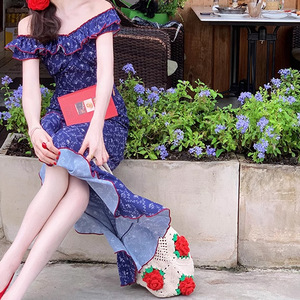 品牌cosplay女装苏格4.29蓝蔓法式浪漫一字肩蔓藤碎花连衣裙
