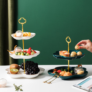 欧式陶瓷金边双层甜品台三层点心盘婚礼蛋糕生日水果盘展示架花型