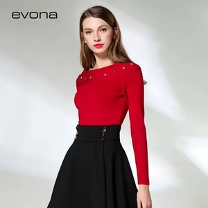 evona伊沃纳品牌女装大红色一字肩长袖针织衫休闲短款毛衣