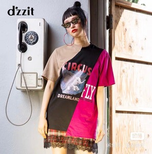 dzzit地素+2019春夏新款迪士尼小飞象印花斜向拼接t恤