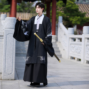 中国风传统日常龙纹黑色汉服男装大袖长袍古风龙袍古装三件套