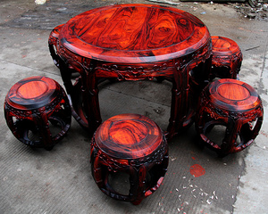红木家具老挝大红酸枝餐桌鼓桌凳7件套 红木餐桌  交趾黄檀批发