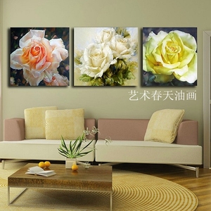 高档纯手绘三联玫瑰花组合油画美式客厅沙发背景墙装饰画无框套画