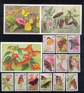 圣文森特 1992年 蝴蝶全套12枚票和小型张3个