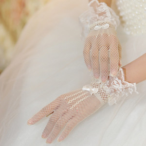 新款婚纱配饰短款蕾丝手套 白色黑色蝴蝶结网眼 结婚新娘手套