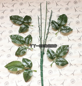 单枝5个头玫瑰花枝干假花仿真花枝干塑料杆+5片玫瑰叶子 长42.5cm