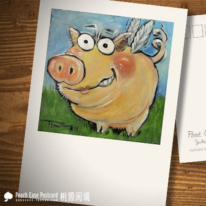 蠢萌小飞猪新款卡片挥动着翅膀猪卡通手绘油画猪年明信片装饰画