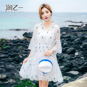 润乙一夏季新款白色V领甜美裙子女韩版中长款仙气雪纺连衣裙