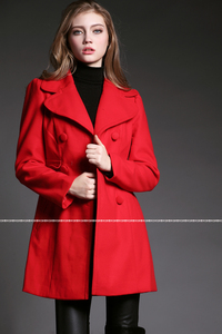 外贸原单呢大衣女欧美红色西装领百搭中长款修身气质冬季毛呢外套