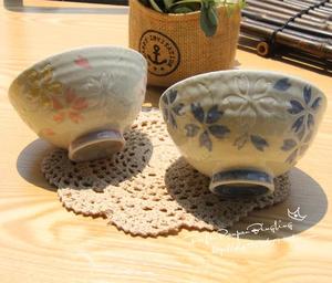 包邮 日本进口陶瓷餐具 美浓烧手绘樱花粉蓝 夫妻对碗 米饭碗