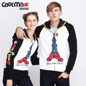 coolmax潮流指标秋季新品巴黎铁塔拉链带帽加绒卫衣外套街头动漫
