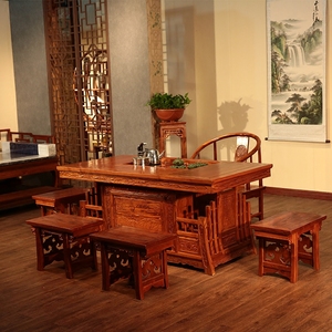 南榆木功夫茶桌茶台战国将军台 实木仿古中式家具茶桌椅组合特价