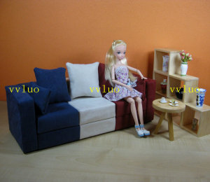 1:6纯手工制作娃娃家具(BJD芭比可儿az小布兵人)仿麂皮拼色沙发