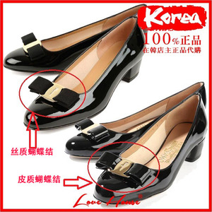 韩国正品代购菲拉格慕VARA 3CM黑色漆皮金扣蝴蝶结粗跟女鞋经典款