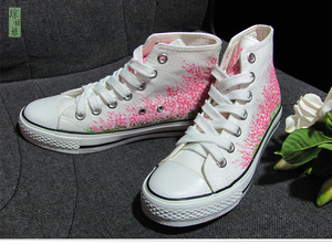 可爱粉红色学生板鞋秋季款白色底手绘鞋子高帮帆布鞋花卉学院女生
