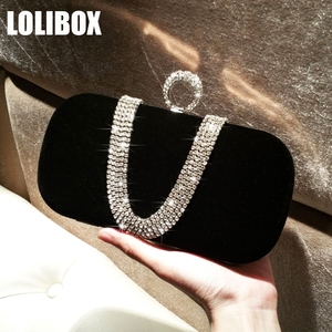 LOLIBOX定制新品丝绒水钻指环包女小手拿包晚宴包链条斜跨宴会包