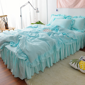 凯豪韩式公主风水洗棉纯色荷叶花边床裙床罩式被套女孩床品四件套