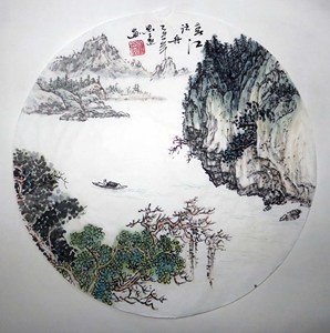 山水画国画家居客厅卧室装饰字画一尺小品水墨画纯手绘圆形画T11