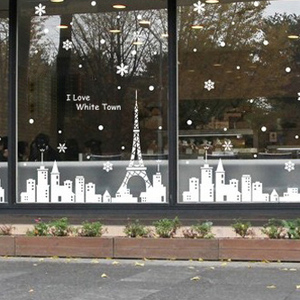 圣诞城市剪影建筑墙贴白色城镇埃菲尔铁塔咖啡店铺橱窗玻璃门贴纸