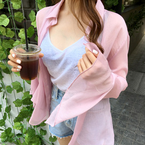 韩国东大门代购正品女装梦幻甜粉色宽松微透喇叭袖衬衫颜色分类: