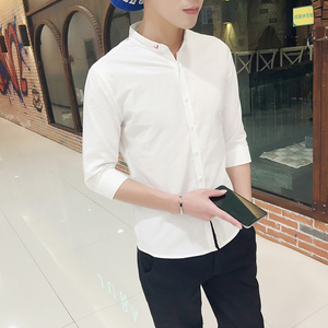 春季立领衬衫男士七分袖韩版修身潮流短袖衬衣帅气纯白色休闲中袖