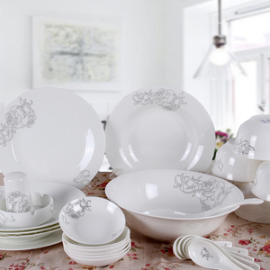 景德镇优质骨陶瓷器28头餐具套装白金玫瑰碗盘碟家用促销结婚礼品