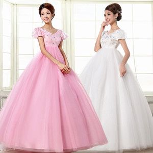 新款韩版高腰白色婚纱孕妇大肚演出服泡泡袖V领粉红色舞台装礼服