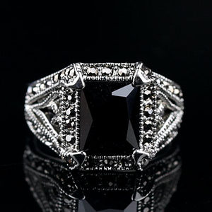021泰国复古泰银装饰品 霸气个性镶钻方形黑玛瑙戒指食指环男女款