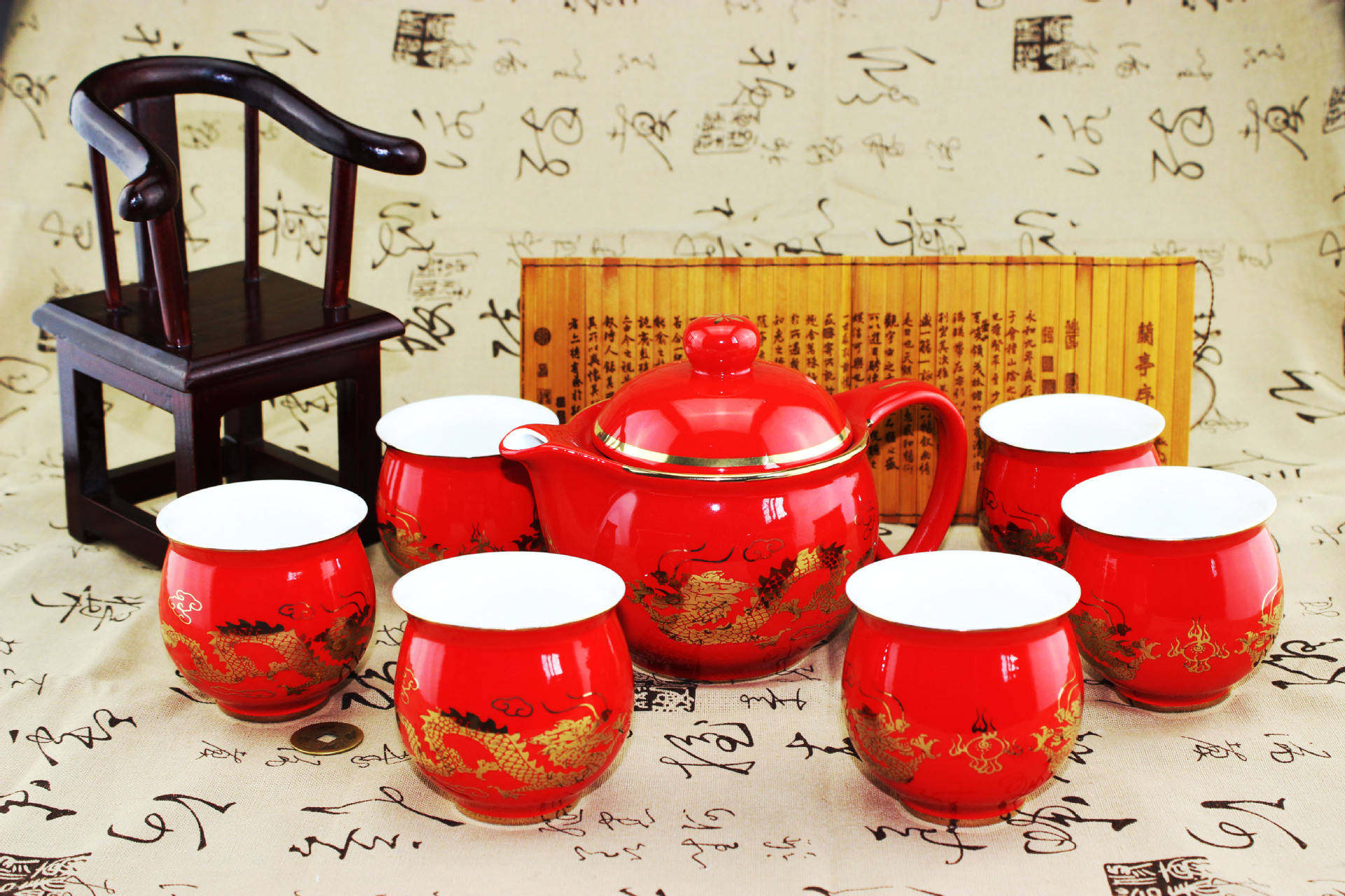 红官窑中国高端龙凤红瓷茶具双层骨瓷套装茶具中国红瓷茶具精品