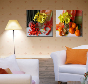 插花艺术客厅书房装饰无框壁画沙发背景装饰冰晶玻璃两联水果菊花