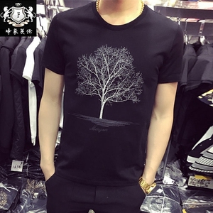 2024夏款男装个性T恤韩版修身大树图案烫金印花男士短袖T恤大码潮