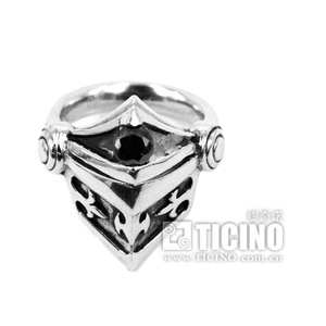 缇奇诺专柜热销同款韩版时尚复古盾型镶嵌黑钻戒指男精钢钛钢饰品