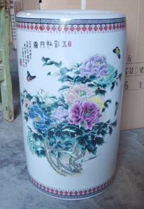 潮州陶瓷 落地花瓶 18寸46厘米书筒纹片牡丹花鸟