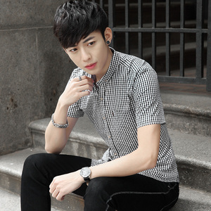 夏季夏天衣服男士潮流韩版黑色小格子寸衣寸衫衬衫衬衣短袖青年