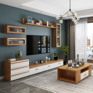 客厅电视柜组合茶几套r装背景墙柜实木颗粒简约现代挂柜橡木家用