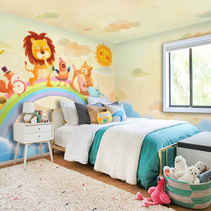 儿童房墙纸卧室装修背景墙温馨卡通狮子无纺N布壁纸彩虹动物音乐