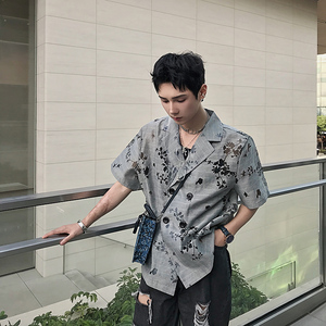 杨一帆潮牌衬衫男士2021夏季新款韩版短袖薄款休闲设计感衬衣