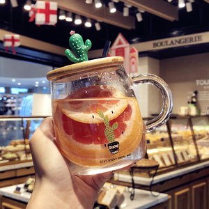 韩国清新仙人掌带盖勺玻璃水杯女生创意潮流个性吸管简约泡茶杯子