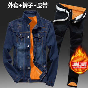 秋冬季男士牛仔加绒加厚外套新款韩版潮流修身夹克牛仔长裤一套装