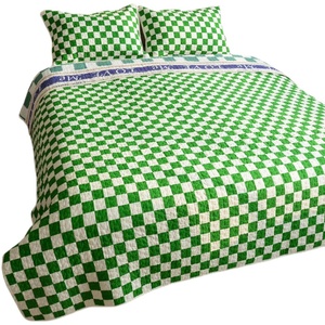 速发棋牌格绿色床盖单件全棉绗缝被三件套纯棉床盖双面不皱四季榻