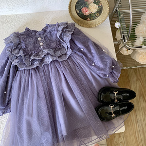 高端女童紫色连衣裙秋冬儿童蕾丝纱裙超仙加绒生日礼服宝宝公主裙