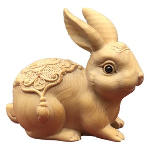 崖柏黄杨木雕兔兔招手小白玉实木生肖兔子财把件家居客厅装饰摆件