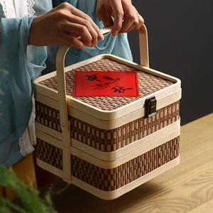 竹编圆形双层提篮包装盒礼品盒中秋月饼盒茶叶盒食品盒竹制礼盒