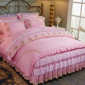 四件套欧式全棉纯棉公主风粉色蕾丝被套床裙1.5m/1.8高档床上用品