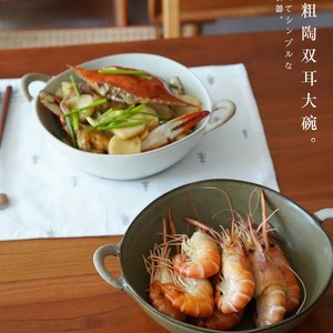 日式质朴粗陶双耳大碗汤碗创意料理碗家用陶瓷Q烤碗釉下彩拉面碗