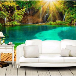 Custom photo 3d wallpaper The green forest of sunshine lake