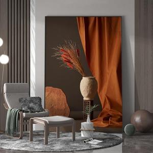 现代轻奢客厅玄关装饰画橙色唯美静物艺术花瓶背景墙壁竖版挂画