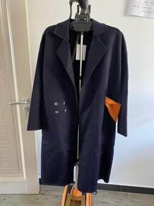 『SY』藏蓝色休闲气质长款双面羊绒大衣系带拼接色个性时尚经典潮