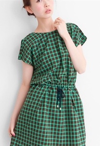 KBF雪纺 绿格纹 收腰系带短袖 甜美连衣裙