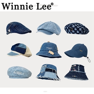 Winnie Lee日系复古小标牛仔贝雷帽子女夏季拼接磨边八角渔夫帽男